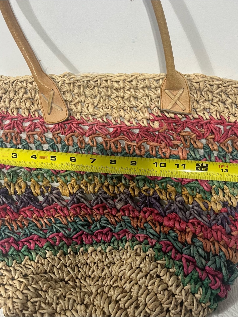 Handwoven Macrame Multicolor Straw Boho Tote Bag with Tan Leather Handles - Picture 4 of 5
